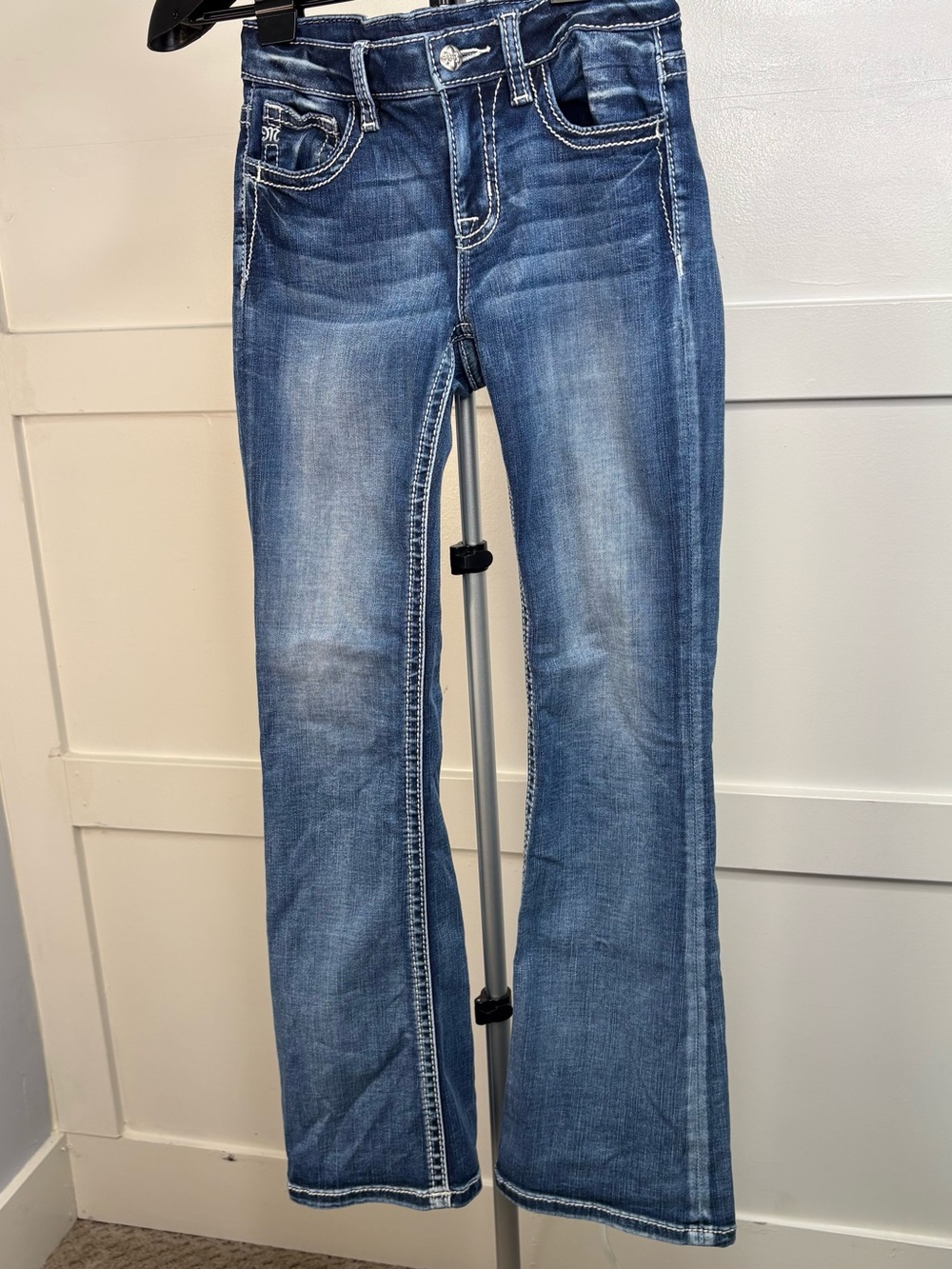 Miss Me Medium Blue Flared Kids Jeans with White Contrast Stitching